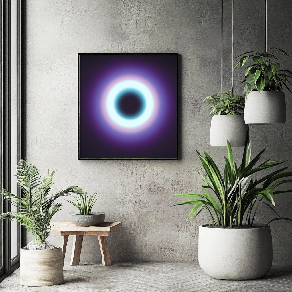Cosmic Abyss: Illuminated Black Hole with Purple and Blue Glow